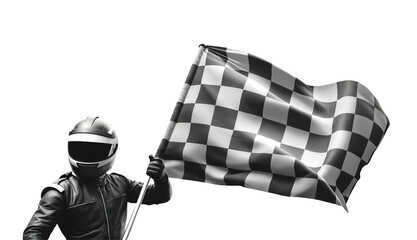Racecar driver holding a checkered flag, black and white image, png isolated background