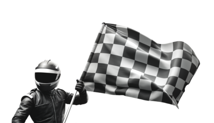 Racecar driver holding a checkered flag, black and white image, png isolated background