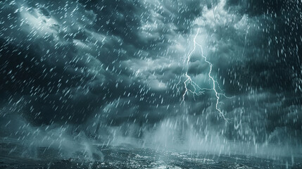 Rainstorm weather, strong storm accompanied by lightning and thunder, dark clouds in the sky, rain...