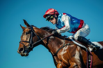 A rider in full gear competes in an equestrian event, jumping over a hurdle on a brown horse against a clear blue sky.