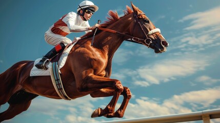 Close-up of a jockey on a horse jumping during a race, with a clear blue sky background.