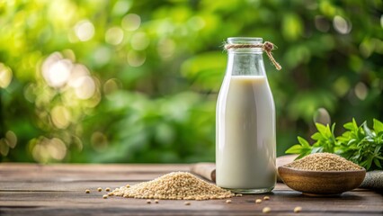 Sesame seed-based vegan milk alternative in a glass bottle on a natural background, highlighting the nutritious and eco-friendly aspects of the innovative beverage option.