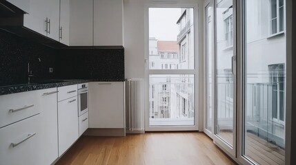 A contemporary kitchen showcases elegant cabinets, a dark marble backsplash, and large windows offering a view of greenery and skyline