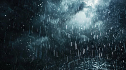 Rainstorm weather, strong storm accompanied by lightning and thunder, dark clouds in the sky, rain poured down
