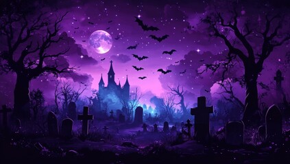 Mysterious Halloween Night Vector Background with Silhouettes of Cemetery, Bats, and Castle