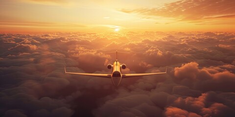 Private jet flying above clouds in a stunning sunset captured from the front perspective