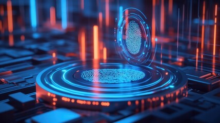 High-tech fingerprint scanner concept with holographic elements symbolizing login authorization. 3D rendering of a secure digital interface.