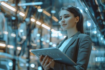 Confident Businesswoman Using Digital Tablet in Modern Data Center