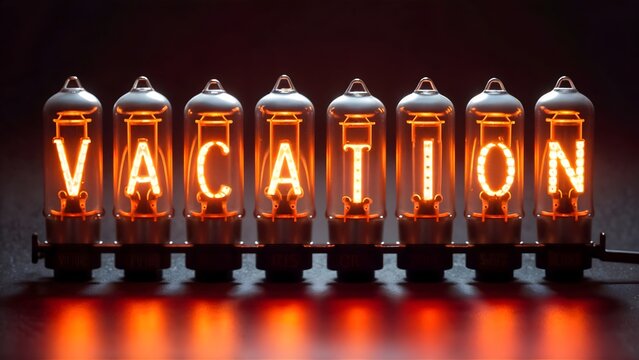 The word VACATION is spelled out in illuminated Nixie tubes.