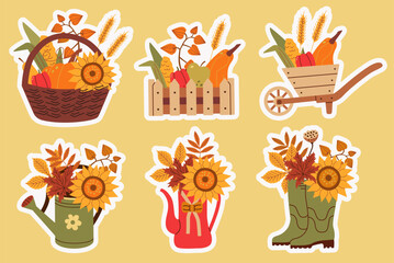 Autumn stickers with vibrant harvest elements including baskets, watering cans, and boots filled with sunflowers and vegetables. Perfect for seasonal designs, greeting cards, and digital projects.