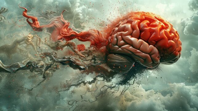 Concept art of a human brain exploding with knowledge and creativity