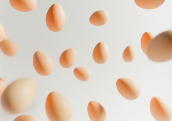 Floating eggs in mid air against a light gray background, creating a sense of motion and whimsy The soft colors give a fresh and playful vibe to the scene