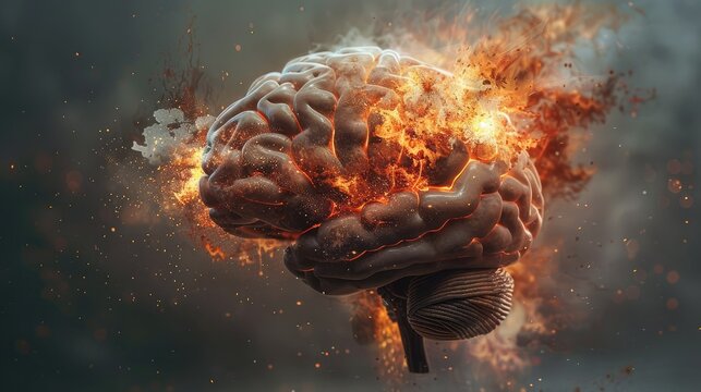 Concept art of a human brain exploding with knowledge and creativity