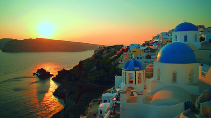 White-washed buildings with blue domes, stunning sunsets over the Aegean Sea, people enjoying Mediterranean cuisine on terraces.