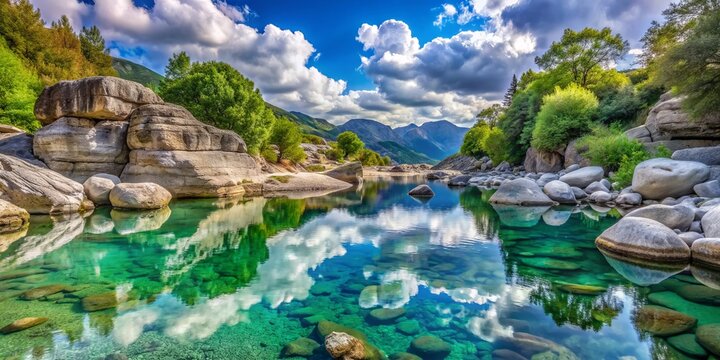 Serene turquoise rock pools reflect the brilliant Greek sky, surrounded by ancient limestone boulders and weathered stones, in the picturesque Papingo village of Epirus, Greece.