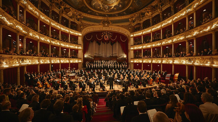 The grand Vienna Philharmonic Orchestra performing in a lavishly decorated concert hall