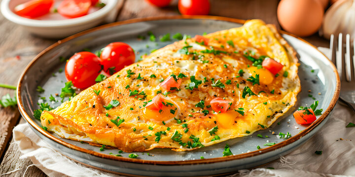Huevos al omelette en un elegante plato y acompa&ntilde;ado de jitomates Cherry
