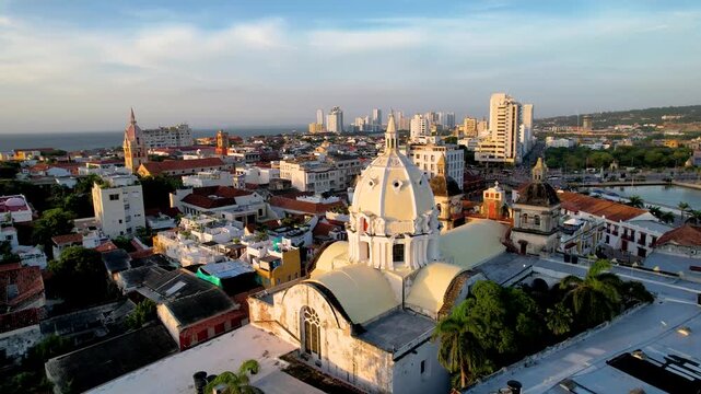 Beautiful aerial view of the walled city of Cartagena de Indias, in Colombia - the Santuario de San Pedro Claver, Torre del Reloj and the Catedral de Santa Catalina de Alejandr&iacute;a