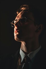 Fototapeta premium Dramatic Portrait of a Young Man in Glasses with Intense Lighting and Shadows