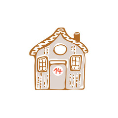 Whimsical Advent Calendar cottage door with numbers for december festive Christmas countdown. Winter holiday social media promotion campaign, festive sales and cute hand drawn festive home card design