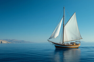Fototapeta premium Sailing yacht in the sea, view from bow of sailboat with white sails on blue sky background, ship travel for vacation or business trip