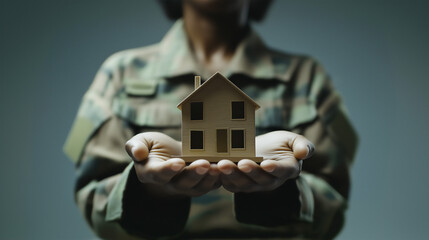 Small model home held by African-American military veteran's hands, veteran home ownership concept, copy space