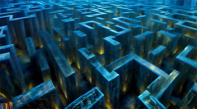 Aerial view of a futuristic blue maze with glowing pathways and intricate geometric patterns, symbolizing complexity and technology.