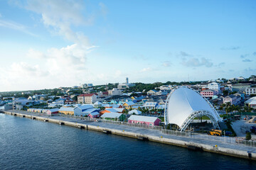 View of Nassau, Bahamas as a cruise ship enters port.