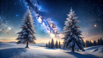 Fototapeta premium Winter Wonderland: Two Snowy Pines Against a Starry Night generative AI