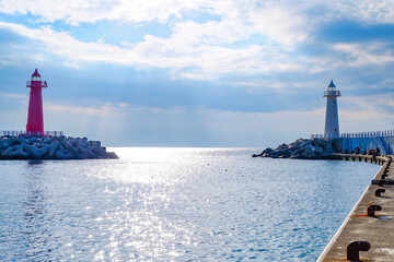 Korea _ Lighthouse with blue ocean and sunset sky