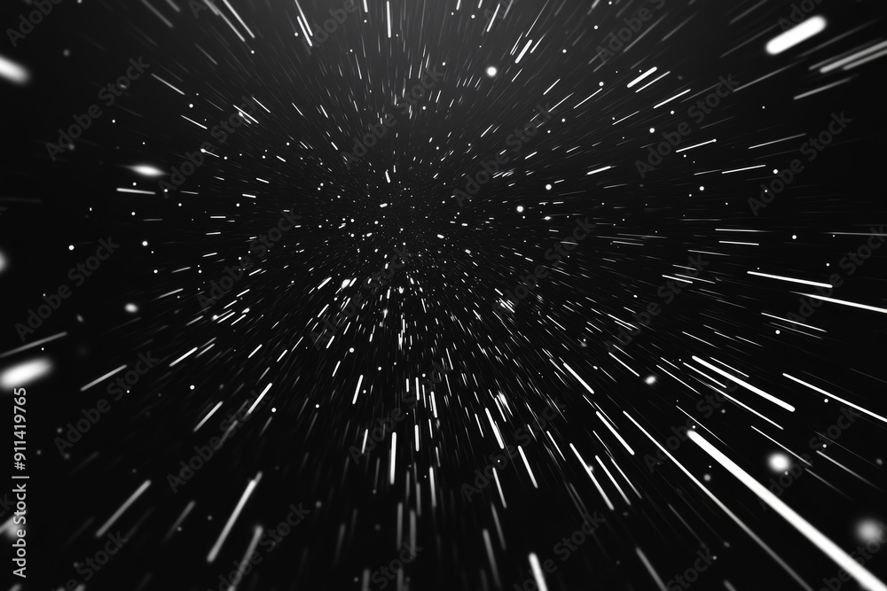 Poster An abstract black and white extrusion effect with bokeh white lines on black background, abstract speed light motion blur texture, stars and particles in space, or star particles from outer space