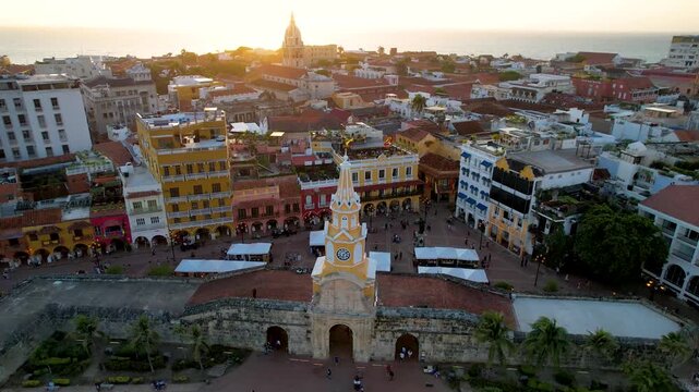 Beautiful aerial view of the walled city of Cartagena de Indias, in Colombia - the Santuario de San Pedro Claver, Torre del Reloj and the Catedral de Santa Catalina de Alejandr&iacute;a