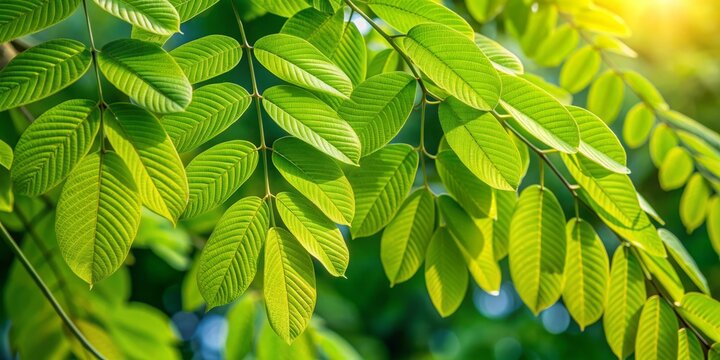 Delicate, pinnate leaves of Gliricidia sepium, a deciduous tree, unfold in shades of bright green, with feathery leaflets and a subtle sheen in warm sunlight.