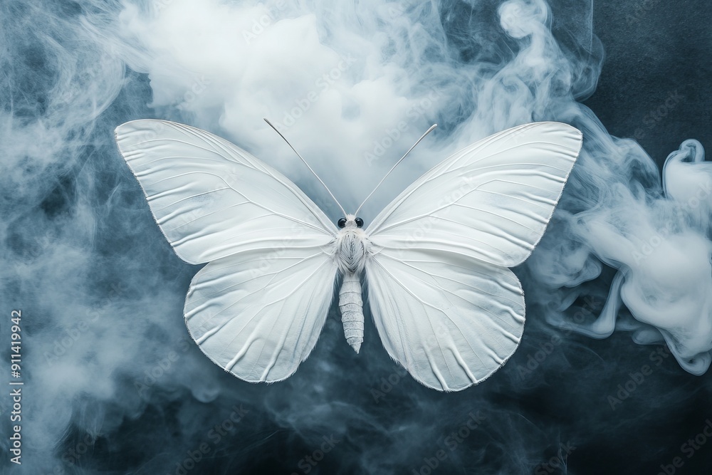 Poster magical creature concept with glowing butterfly on a dark background filled with warm and cold smoke