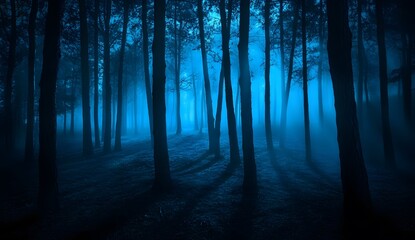Fototapeta premium A mysterious and foggy forest at night, with tall trees casting long shadows on the ground. The scene is filled with an eerie blue light that creates a sense of mystery and unease.