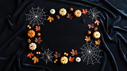 halloween spider web with pumpkin on black background, space for text