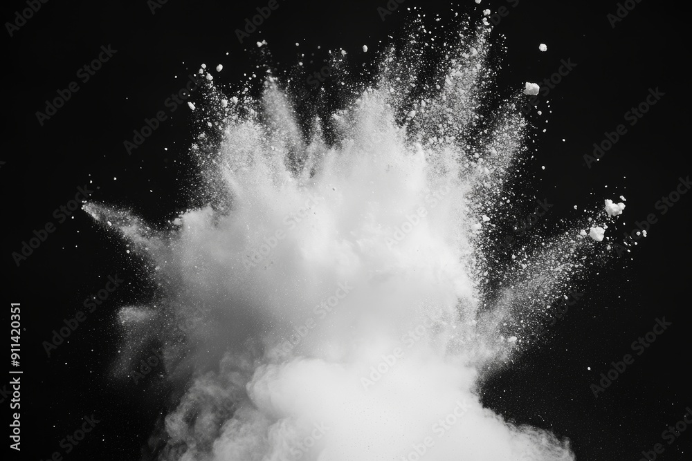 Poster motion freeze of white color powder exploding on a dark background.