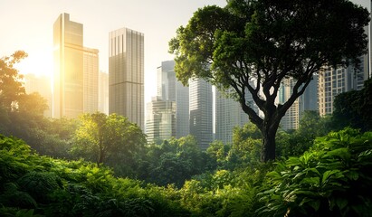 Green cityscape with skyscrapers and lush greenery, symbolizing urban sustainability. The scene includes tall buildings in the background