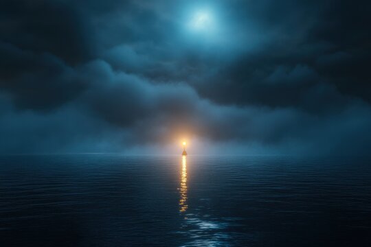 A guiding light illuminating paths in uncharted waters, symbolizing the wisdom that drives new findings toward a brighter future