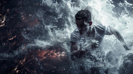 Obraz premium Man running through dramatic splashes of water and fire sparks, intense and dynamic action shot.