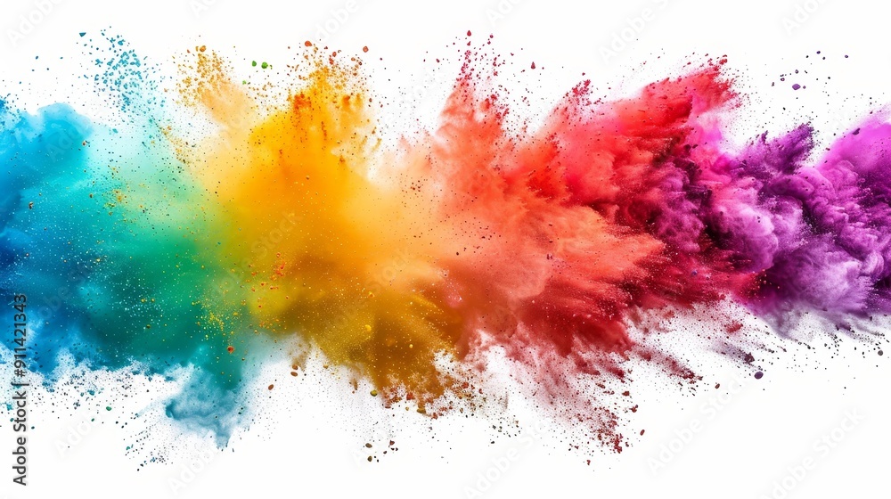 Poster Animated explosion of rainbow-colored dust. Isolated explosion of rainbow-colored paint powder on white background.