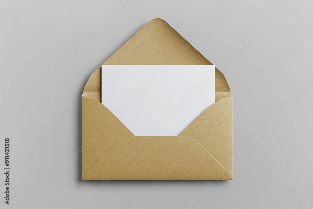 Poster mock-up of a white blank card with a brown kraft envelope.