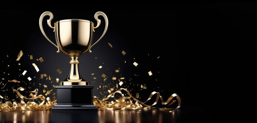 Banner with Gold cup sports trophy on black background with flying confetti with space for text. Gold winner trophy, success in sports competition, champion symbol