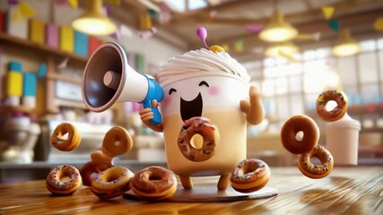 A 3d coffee cup character with a megaphone surrounded by donuts in a cozy café. Concept of fun and creative advertising
