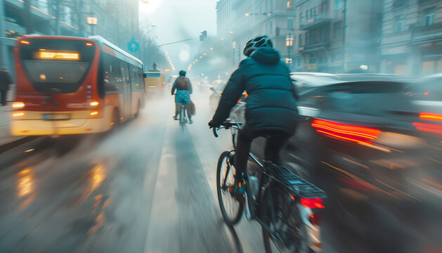 Cyclistes en v&eacute;lo dans un air pollu&eacute; qui roulent sur la route dans le trafic et les embouteillages