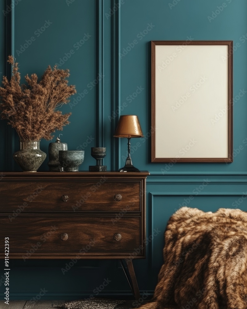 Canvas Prints A mockup frame of a dark green home interior with a sofa, fur, table, and branch in a vase.