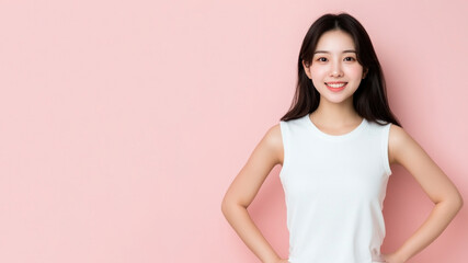 Fototapeta premium Chinese woman smile hands on hips wearing white t-shirt isolated on gray