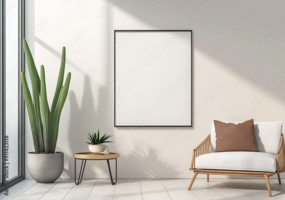 Poster poster mockup with two metal vertical frames on the wall in a scandinavian living room. 3d rendering