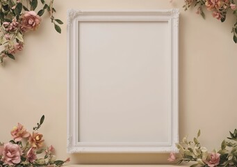 Naklejka premium The interior mockup features a wicker chair, plaid and plant in a vase against a blank wall background. The image is rendered in 3D.