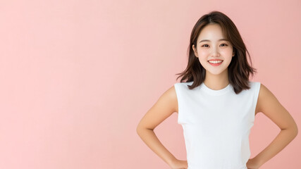 Korean woman smile hands on hips wearing white t-shirt isolated on gray